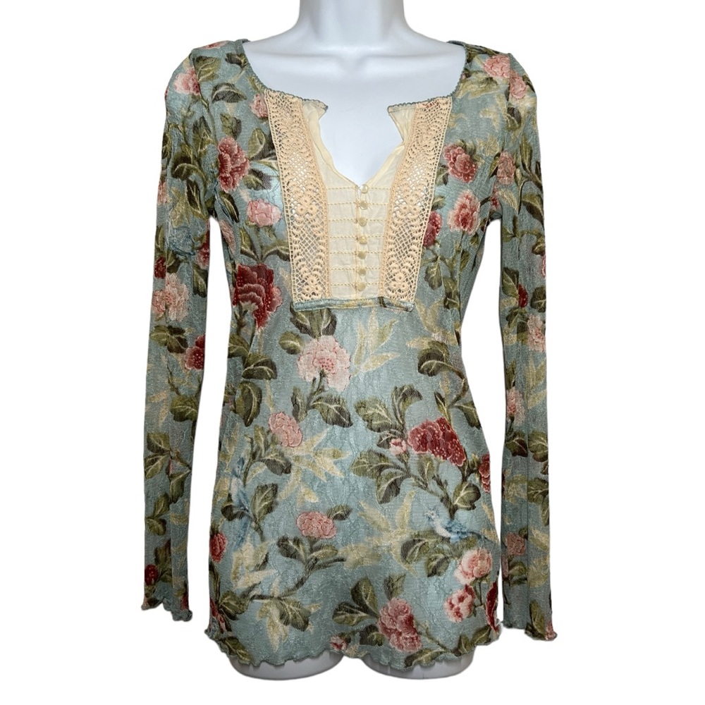 Ralph Lauren Denim & Supply M floral mesh top lace covered buttons blue